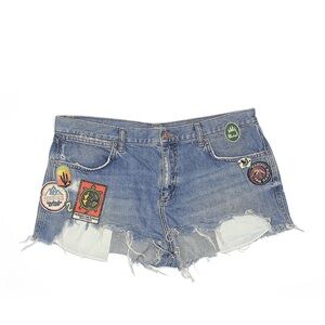 Topshop Blue Jean Shorts with Distressed Hem and Patches